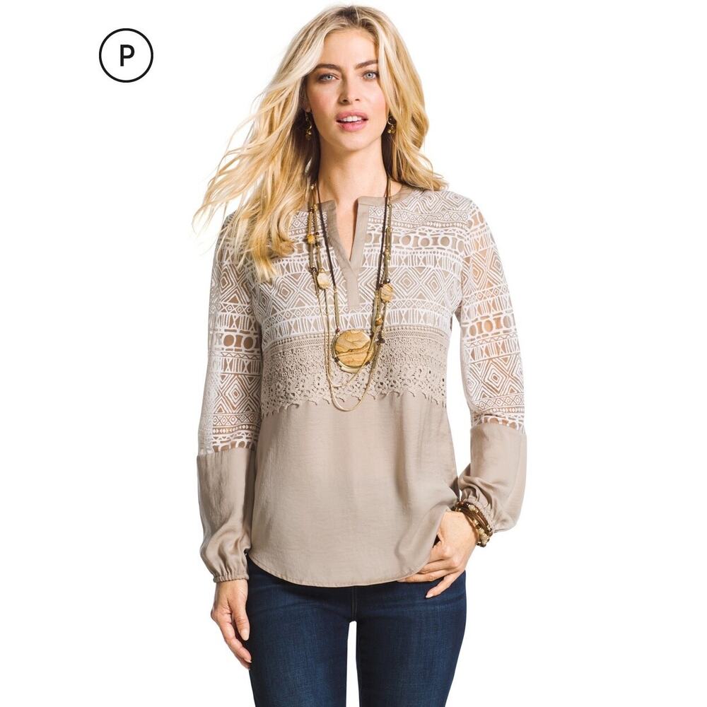CHICO’S Taupe Neutral Textured Lace Overlay Long Sleeve Top | Size 0 Small - Picture 2 of 8